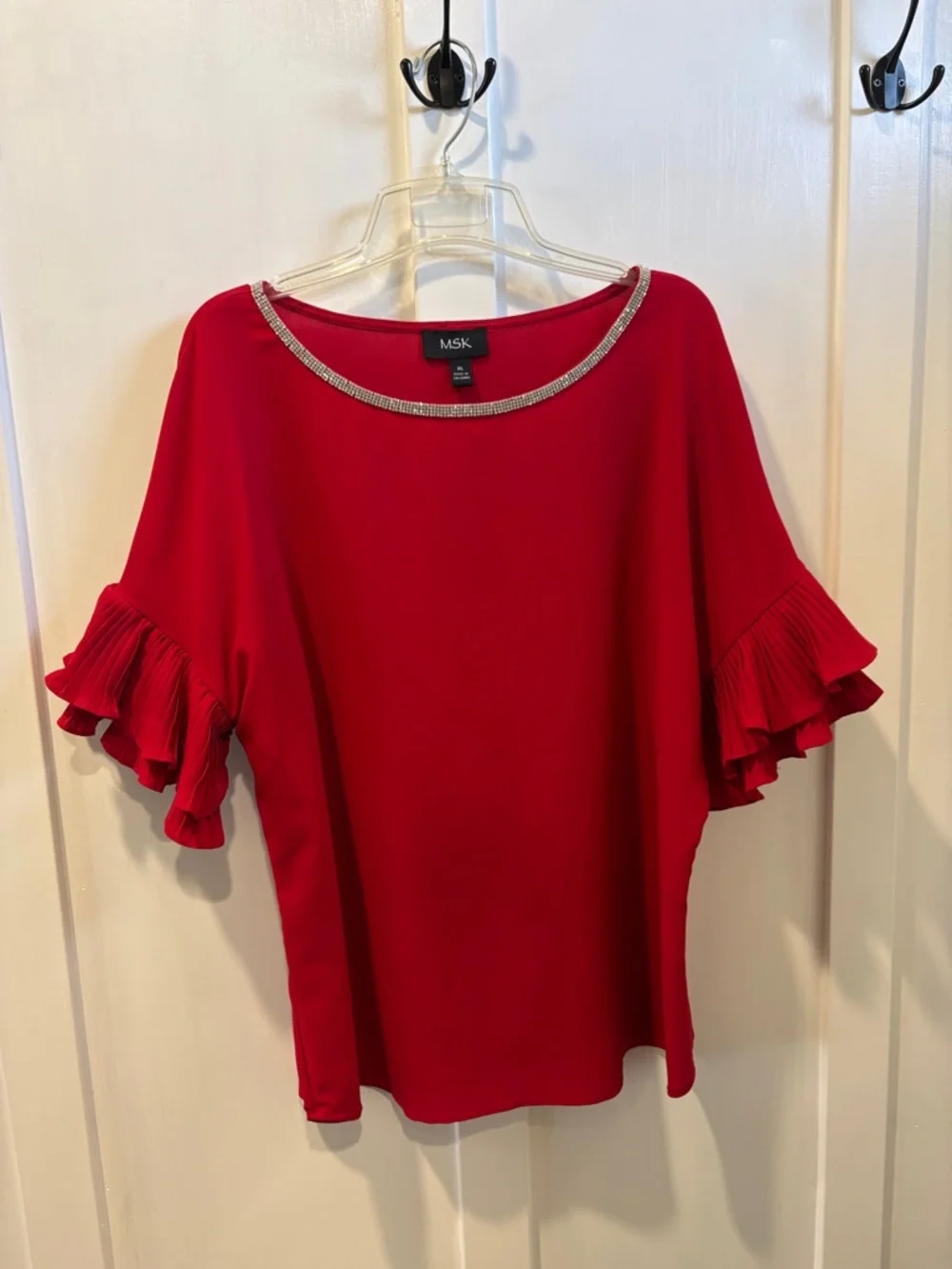MSK Red Ruffle Sleeve Blouse with Beaded Neckline - Picture 1 of 3
